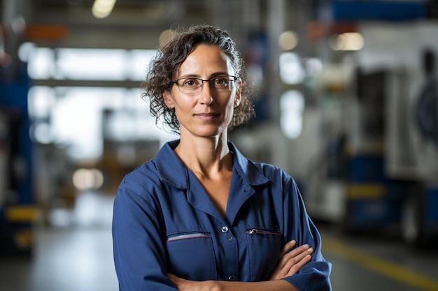 Photo a woman wearing glasses and a blue shirt stands in a warehouse