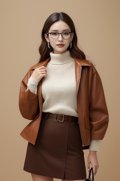 a woman wearing glasses and a brown leather jacket