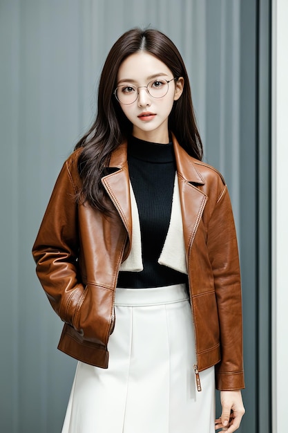 a woman wearing glasses and a brown leather jacket.