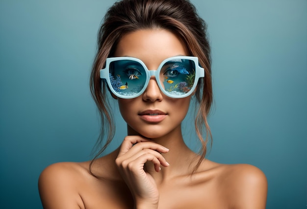 Foto una donna che indossa occhiali progettati per assomigliare a un acquario