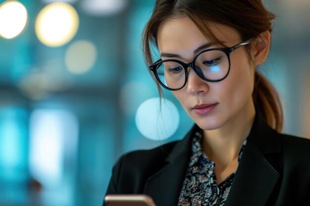 Woman Wearing Glasses Examining Cell Phone