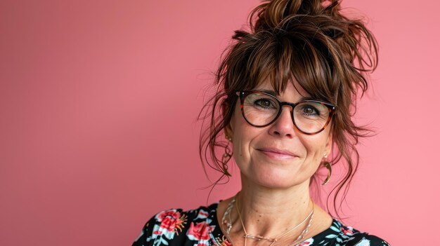 A woman wearing glasses and a floral shirt against a pink background