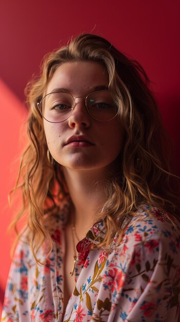 A woman wearing glasses and a floral shirt against a red wall