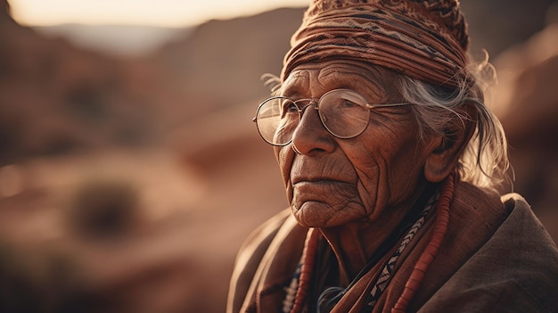 A woman wearing glasses and a hat looks out over a desert landscape.