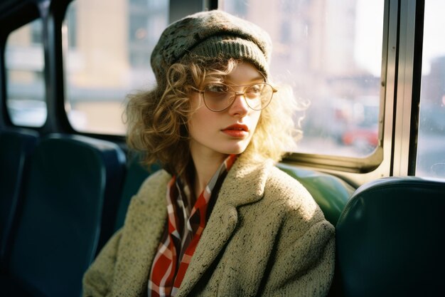 a woman wearing glasses and a hat sitting on a bus