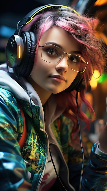 a woman wearing glasses and headphones