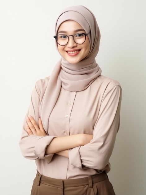 a woman wearing glasses and a hijab with her arms crossed.