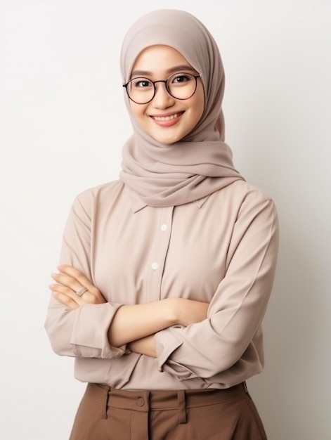 a woman wearing glasses and a hijab with her arms crossed.