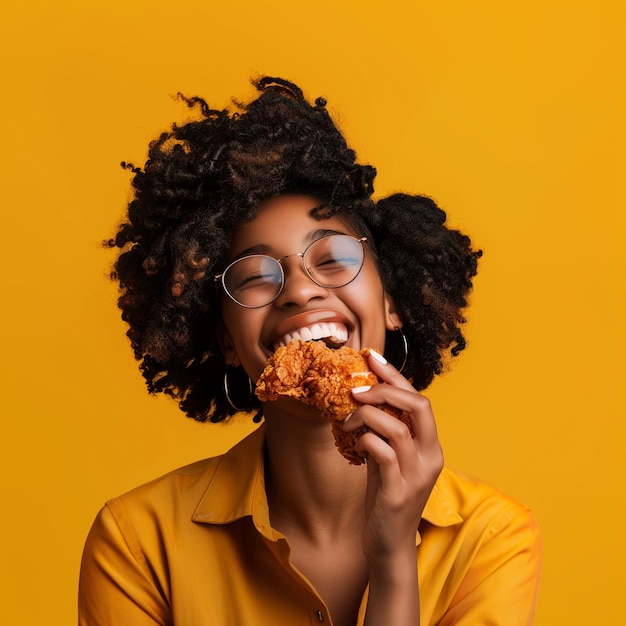 Foto una donna con gli occhiali sta mangiando un panino di pollo