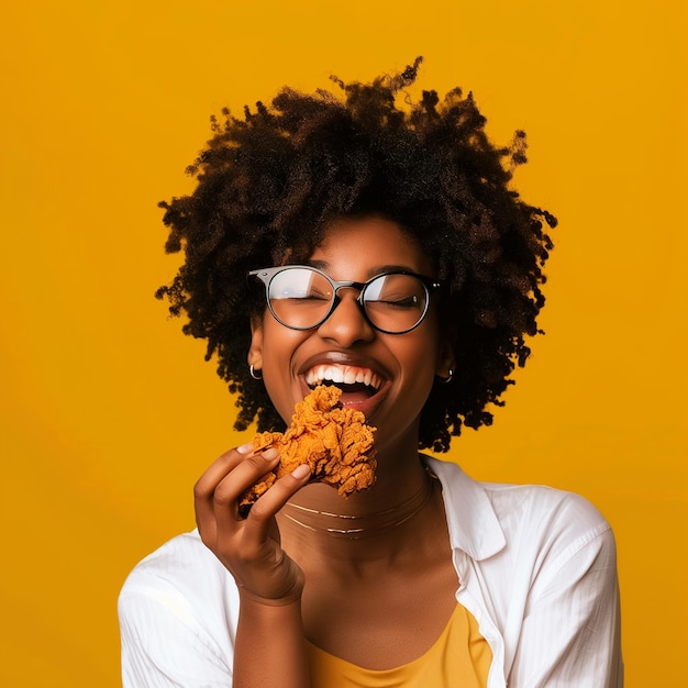 a woman wearing glasses is eating a chicken