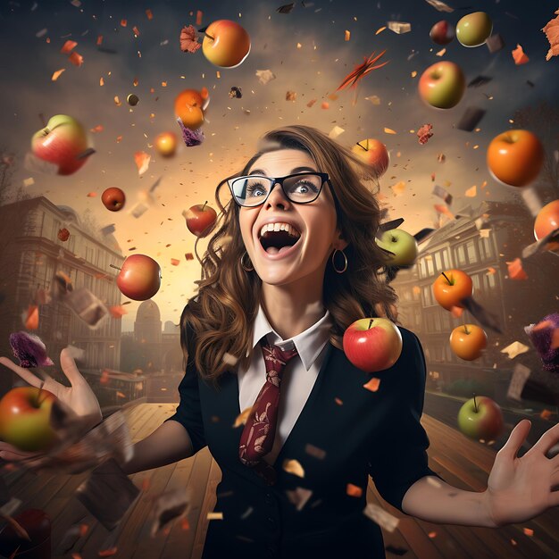 a woman wearing glasses is jumping in the air with apples falling from the sky