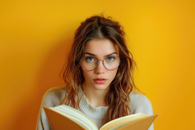 a woman wearing glasses is looking at a book