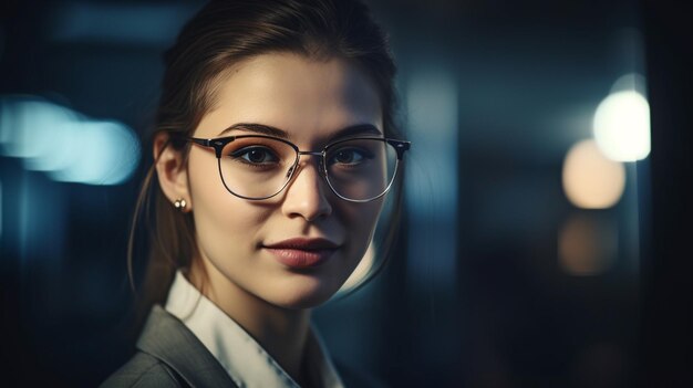 A woman wearing glasses is looking at the camera.