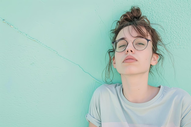 Woman Wearing Glasses Leaning Against Wall