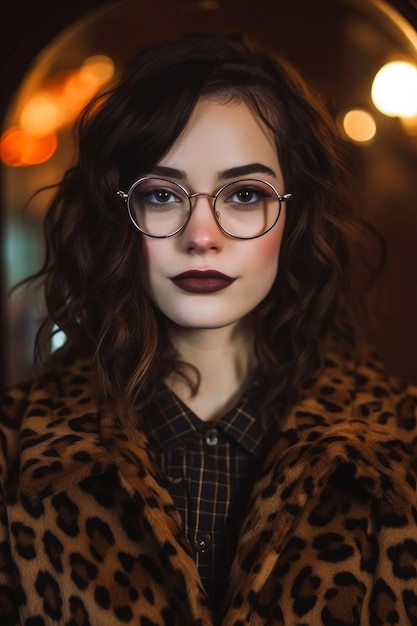 Woman wearing glasses and a leopard print coat