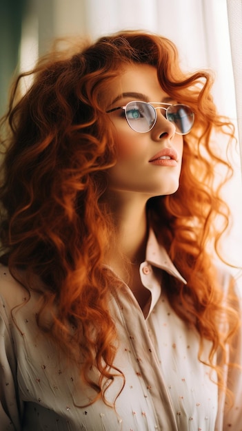 Woman wearing glasses long curly hair