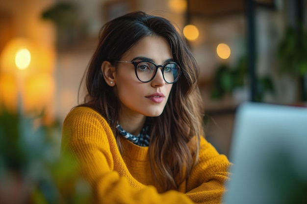 Woman Wearing Glasses Looking at Laptop