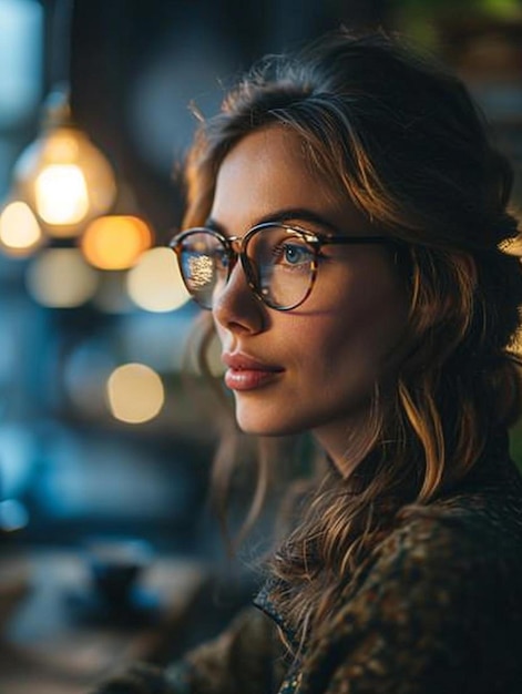 a woman wearing glasses looking out a window