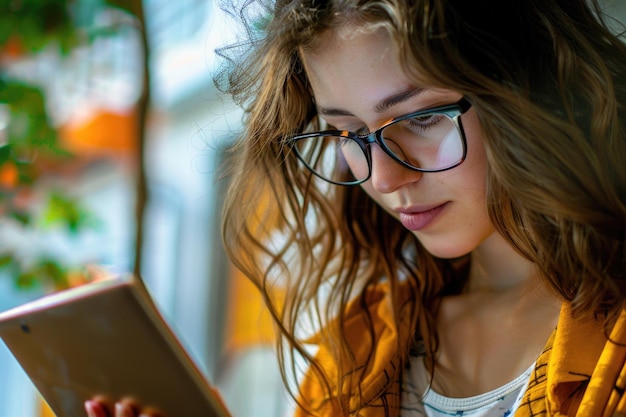 Foto donna con gli occhiali che guarda un tablet adatto per la tecnologia e i concetti educativi