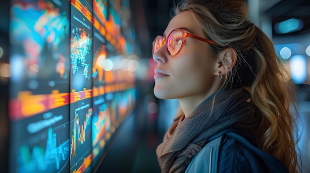 A woman wearing glasses looking at a wall with a digital screen