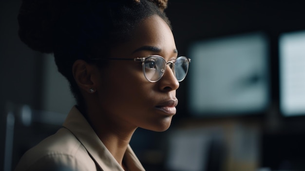 A woman wearing glasses looks out of a dark office window.