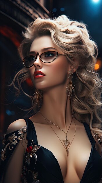 a woman wearing glasses and a necklace with a necklace that says  she is wearing