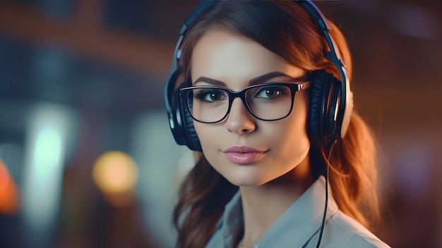 A woman wearing glasses and a pair of headphones