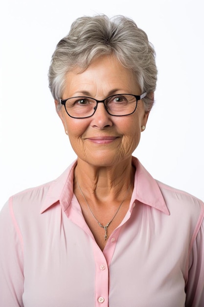 a woman wearing glasses and a pink shirt with a black frame