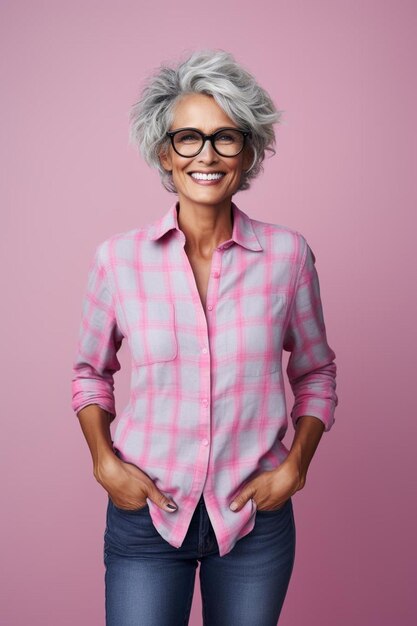 Foto una donna con gli occhiali e una camicia rosa