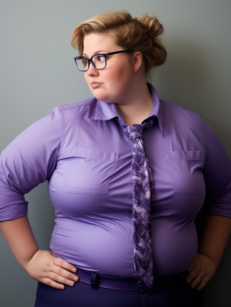 A woman wearing glasses and a purple shirt
