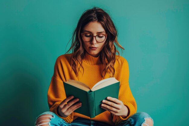 a woman wearing glasses reading a book with a yellow sweater on