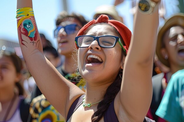 A woman wearing glasses and a red headband holds her arms up in the air