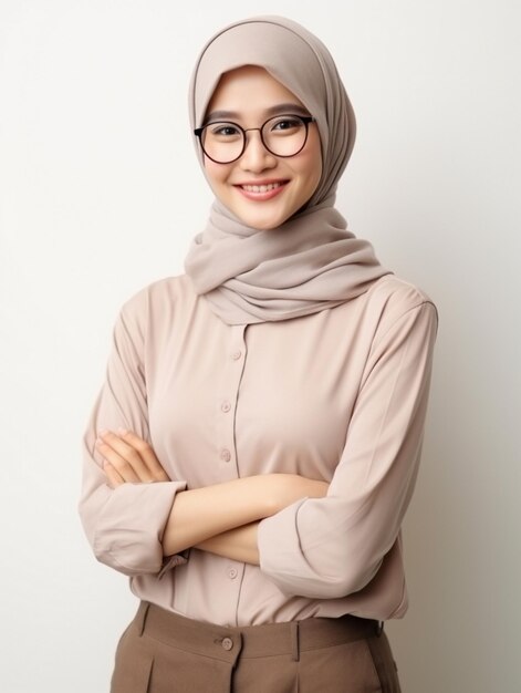 a woman wearing glasses and a scarf with her arms crossed.
