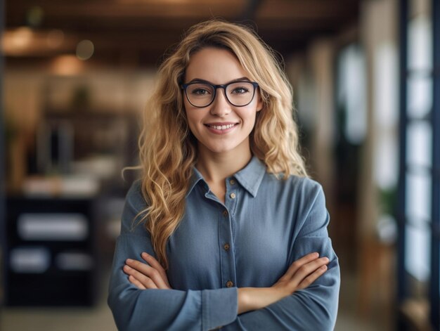 Photo a woman wearing glasses and a shirt with her arms crossed.