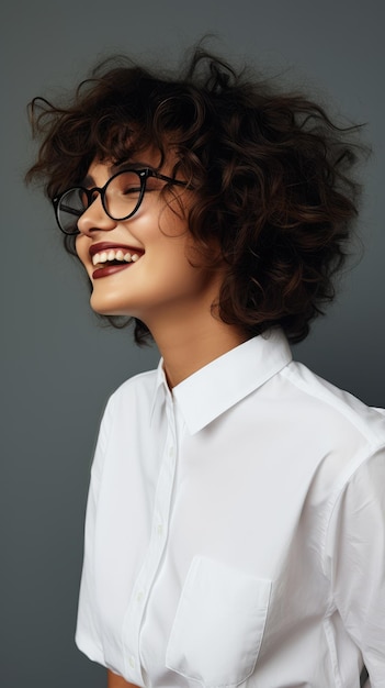 Woman wearing glasses short curly hair