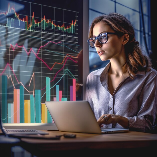 A woman wearing glasses sits at a desk with a laptop and a graph behind her.