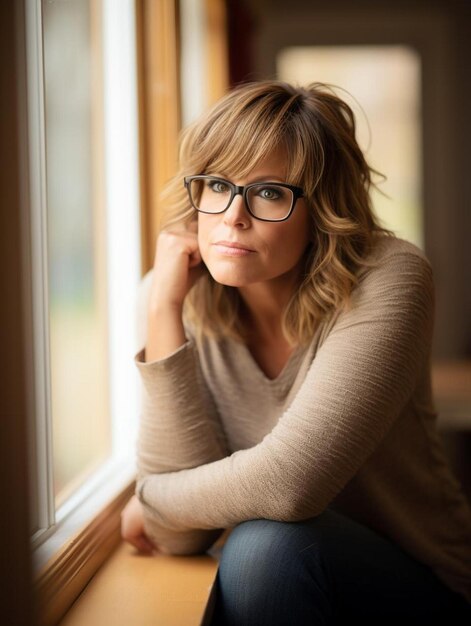 Photo a woman wearing glasses sits in front of a window