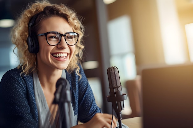 A woman wearing glasses sits at a microphone and smiles at the camera.