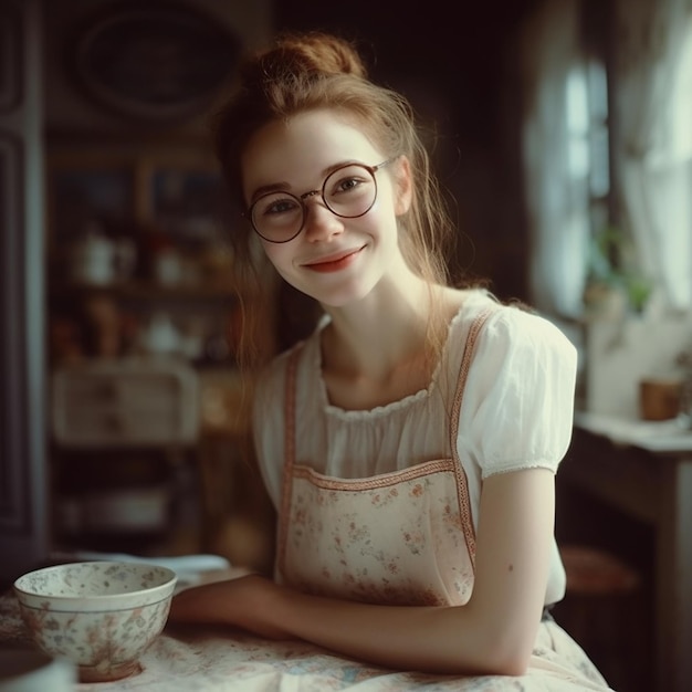 A woman wearing glasses sits at a table with a bowl in front of her.