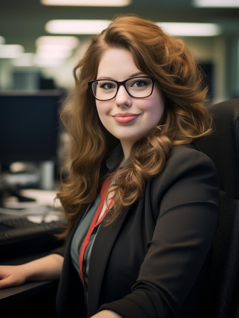 a woman wearing glasses sitting at a desk