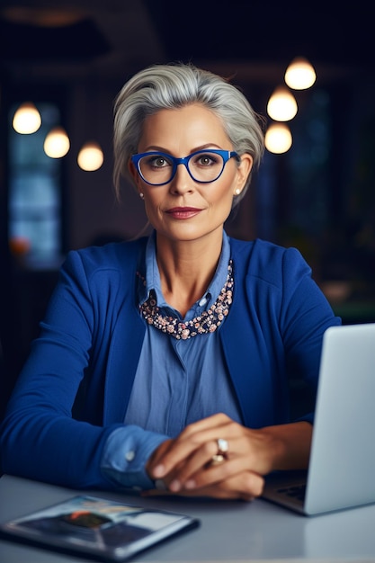 Woman wearing glasses sitting at table with laptop in front of her Generative AI