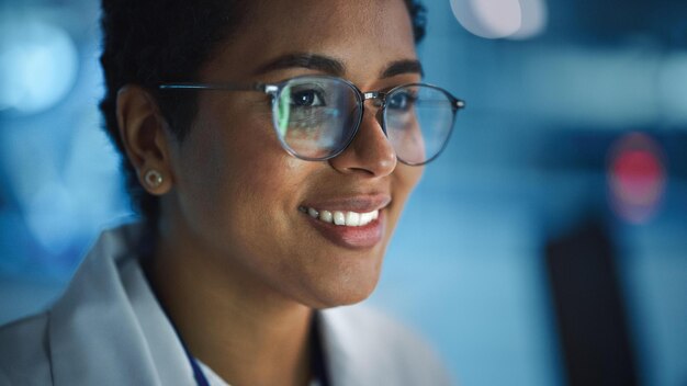 A woman wearing glasses smiles at the camera.