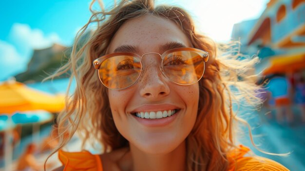 Woman Wearing Glasses Smiling at Camera Generative AI