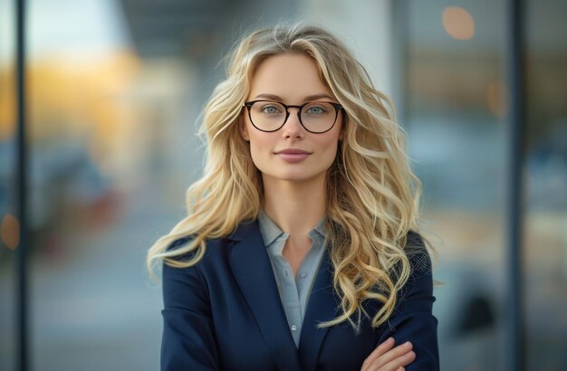 Photo woman wearing glasses standing in front of building