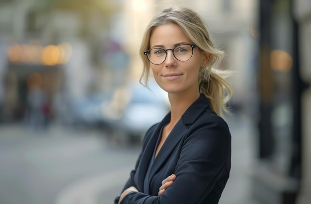 Photo woman wearing glasses standing in front of building