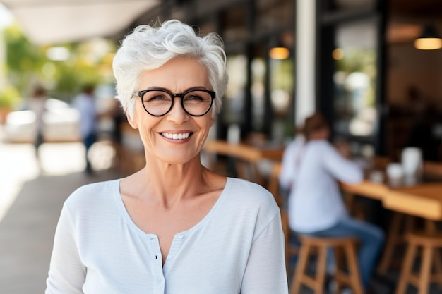 Photo a woman wearing glasses standing in front of a restaurant