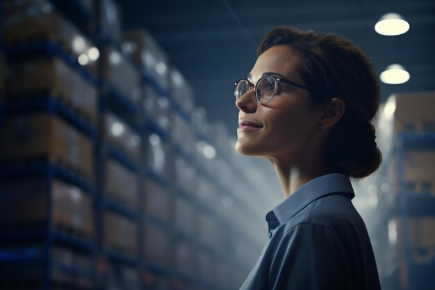 A woman wearing glasses standing in a warehouse