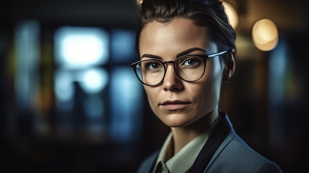 A woman wearing glasses stands in a dark room with a blue light behind her.