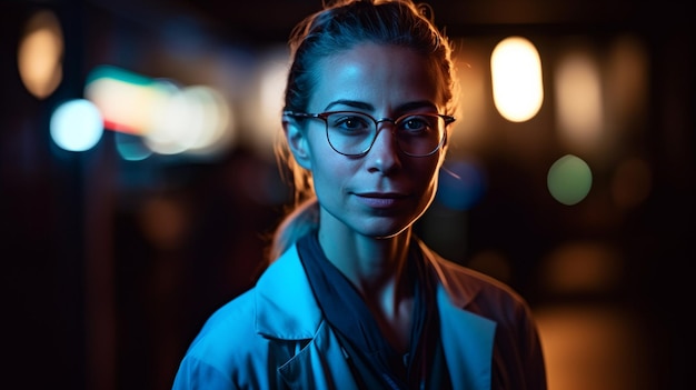 A woman wearing glasses stands in a dark room with a blue light behind her.