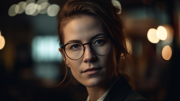 A woman wearing glasses stands in a dark room with a lit up background.